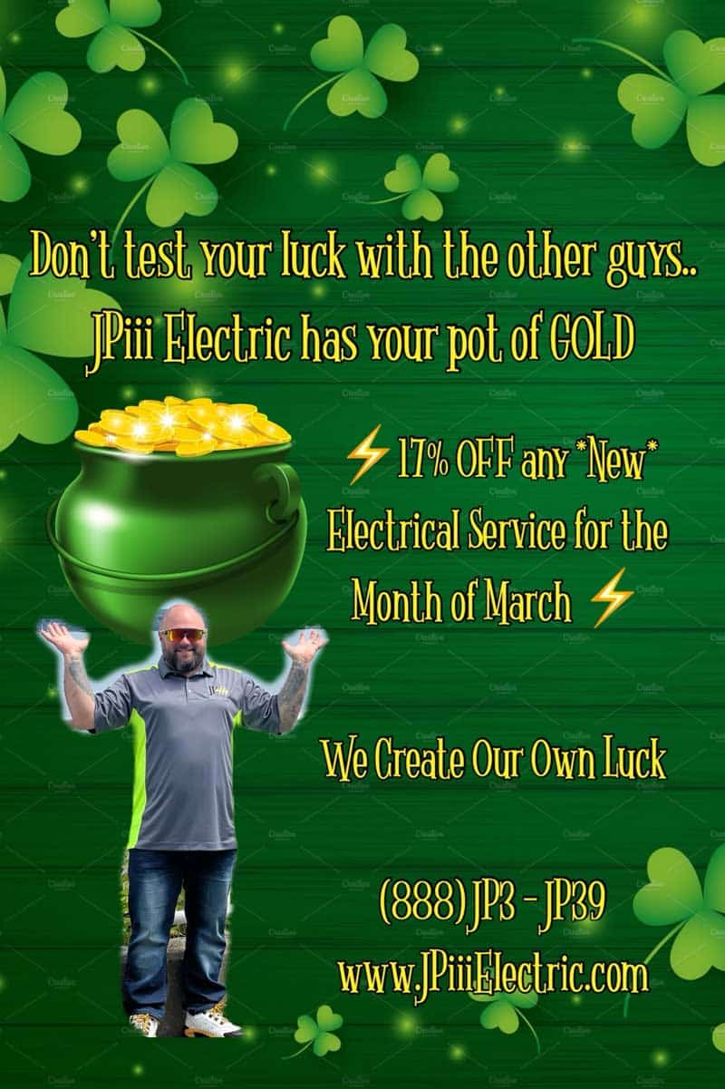 St Patrick’s Day Discount 17% Off any New Electrical Service in March